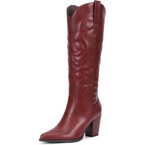 Women Burgundy Western Knee High Cowgirl Boots with Side Zipper Retro Pointed